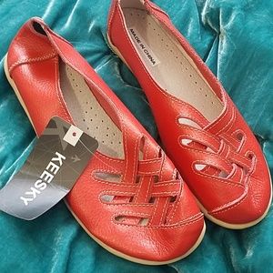 Red leather comfy flats